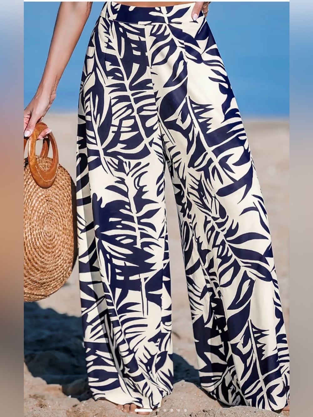 Wide Leg Tropical Print Pants - Navy & Cream
